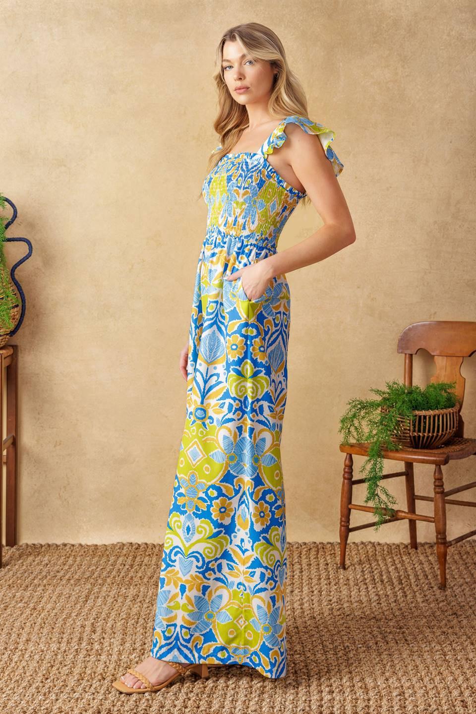 No Need to Worry Woven Jumpsuit in ivory blue, view 3 — Soul Flow Apparel