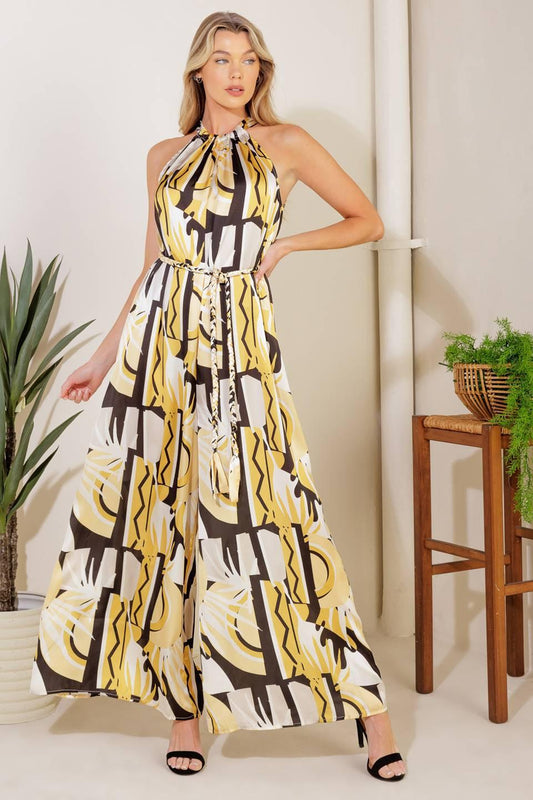 Passing Glances Woven Jumpsuit in off-white yellow black, view 1 — Soul Flow Apparel
