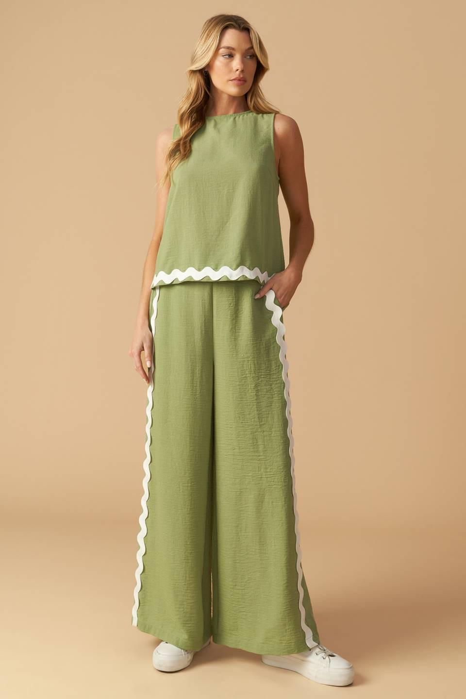 Drifting Currents Woven Pants in sage, view 1 — Soul Flow Apparel