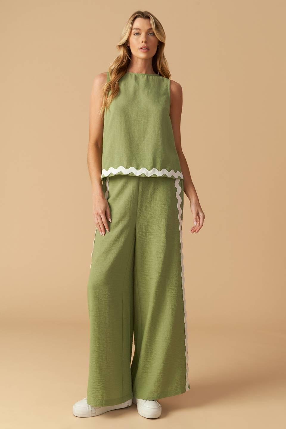 Drifting Currents Woven Pants in sage, view 2 — Soul Flow Apparel