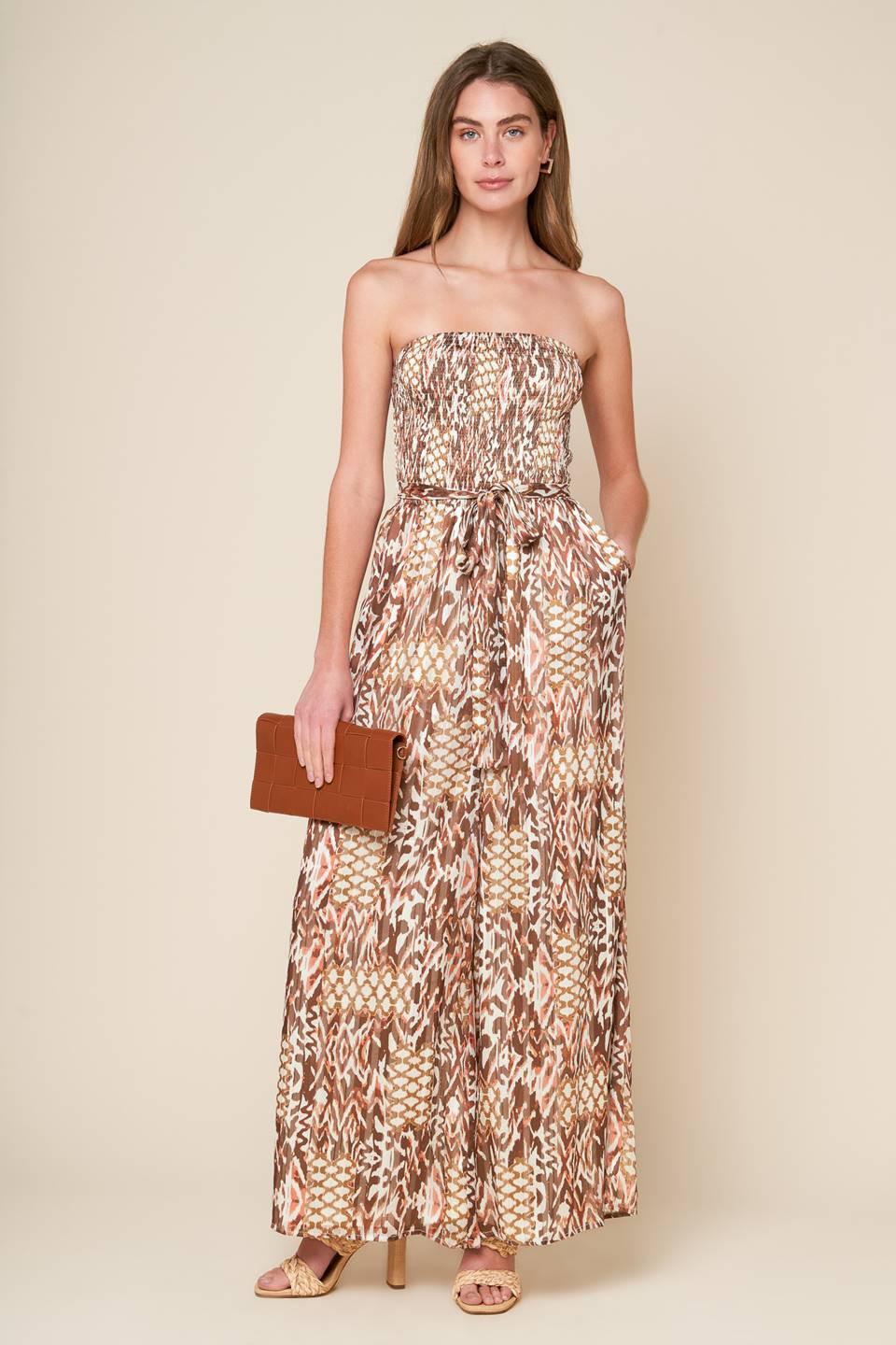 Epitome of Allure Woven Jumpsuit in brown off-white, view 1 — Soul Flow Apparel