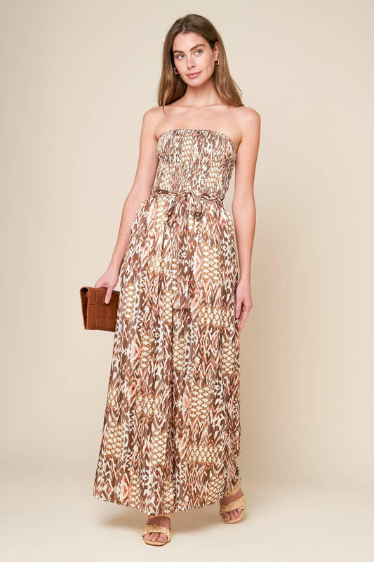 Epitome of Allure Woven Jumpsuit in brown off-white, view 2 — Soul Flow Apparel