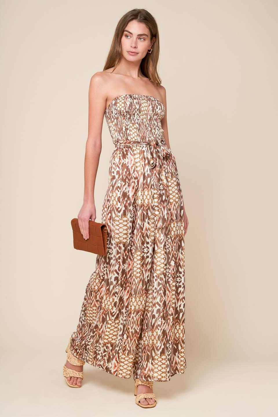 Epitome of Allure Woven Jumpsuit in brown off-white, view 4 — Soul Flow Apparel