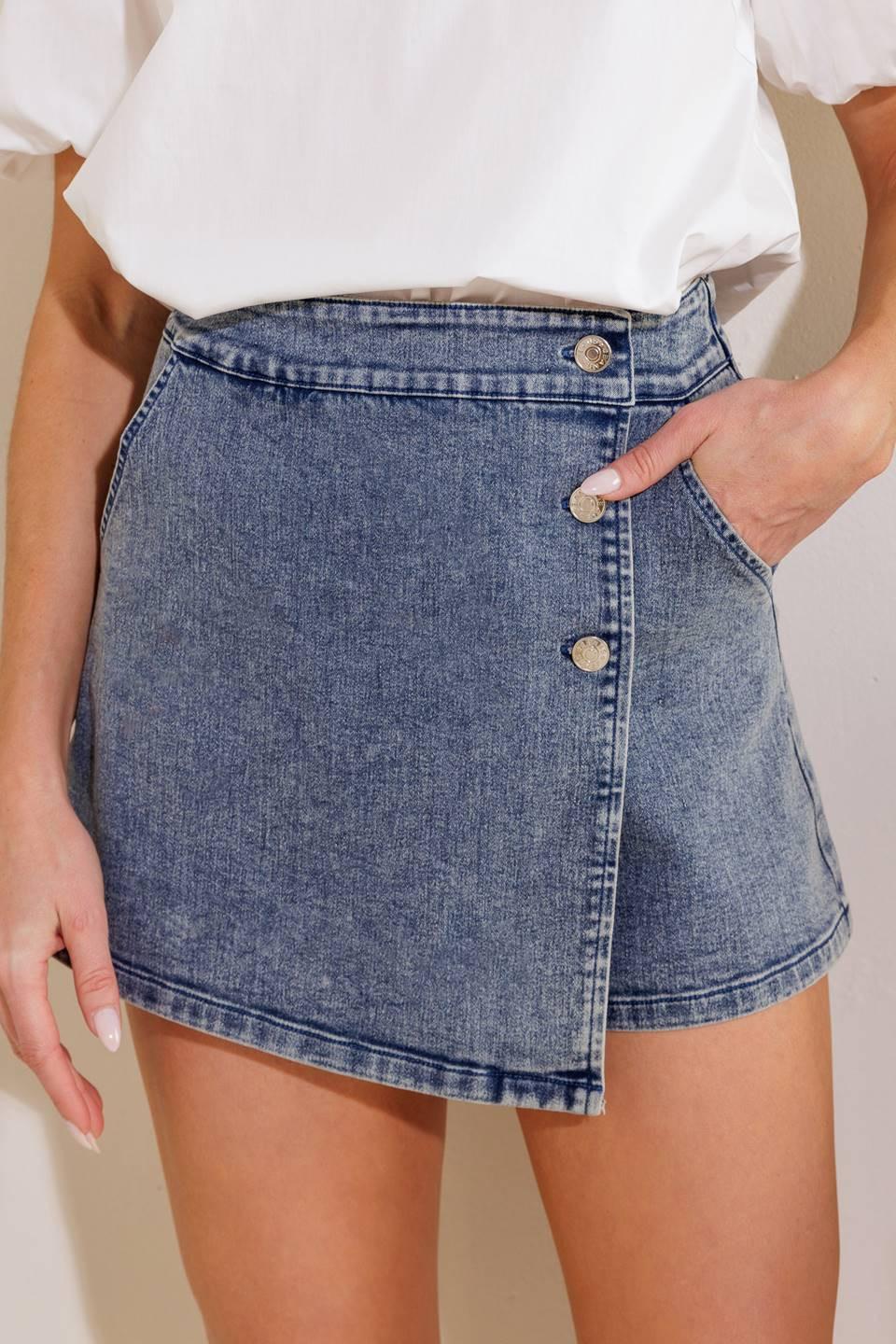 Distant Sun Denim Skort in acid, view 4 — Soul Flow Apparel