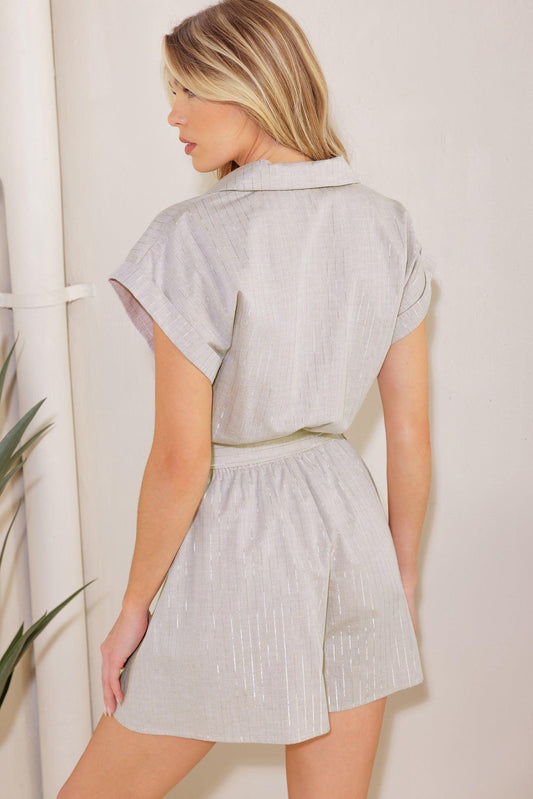 Calm Reflections Woven Romper in light taupe, view 4 — Soul Flow Apparel