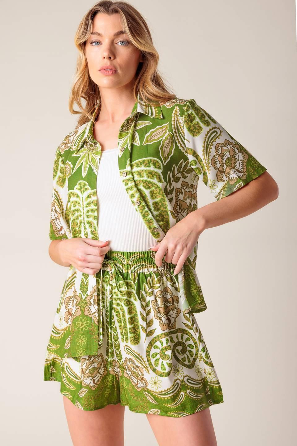 Distant Echoes Green Shorts in ivory, view 2 — Soul Flow Apparel