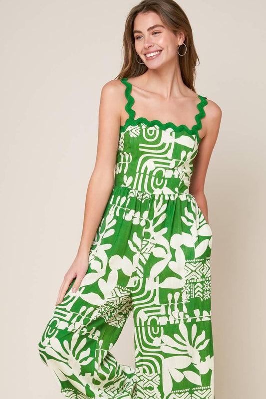Simply the Vibe Woven Jumpsuit in green ivory, view 2 — Soul Flow Apparel
