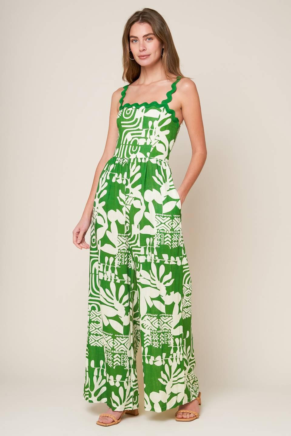 Simply the Vibe Woven Jumpsuit in green ivory, view 3 — Soul Flow Apparel