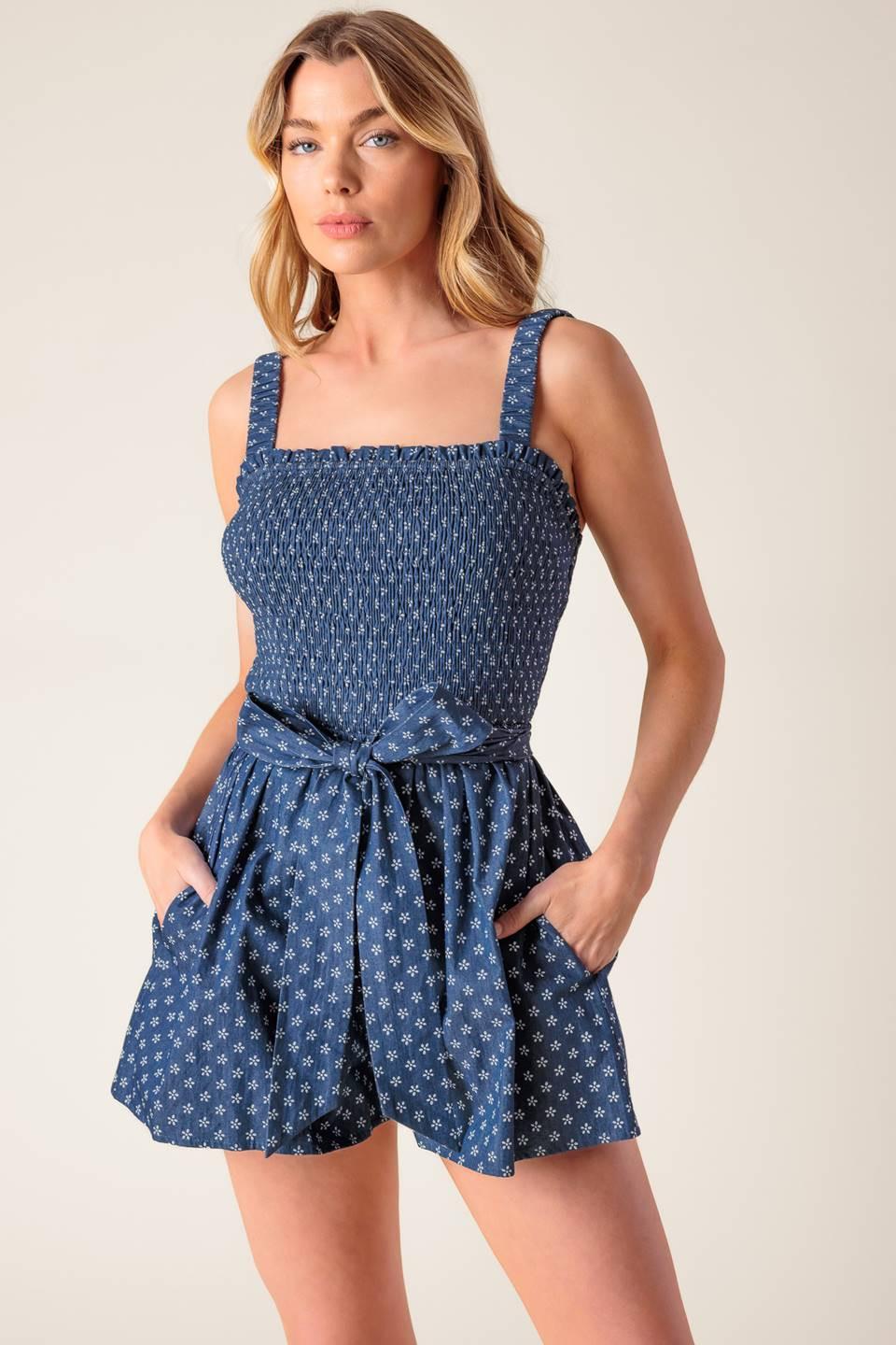 Full Focus Denim Woven Romper, view 5 — Soul Flow Apparel