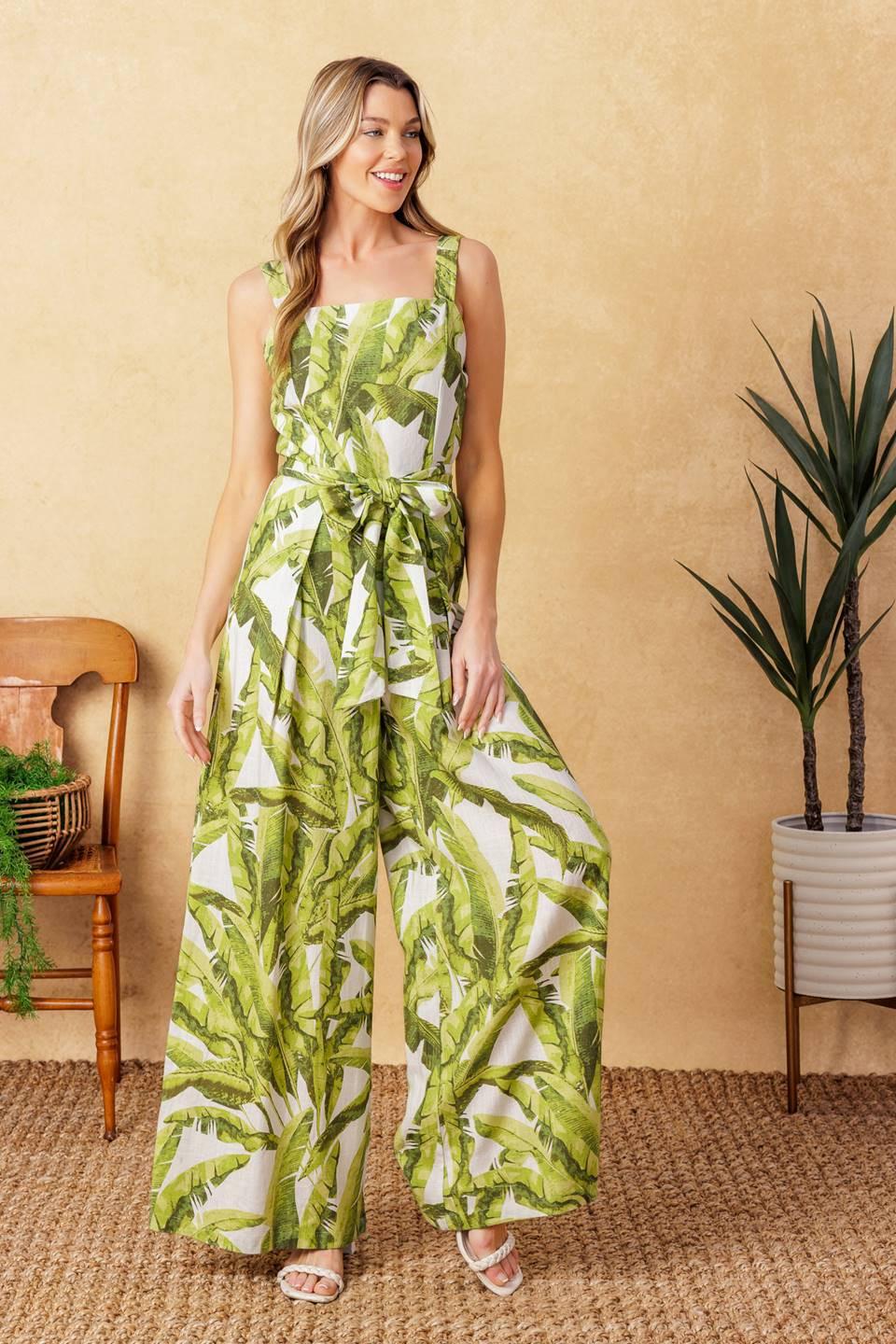 American Nights Woven Jumpsuit in ivory green, view 1 — Soul Flow Apparel
