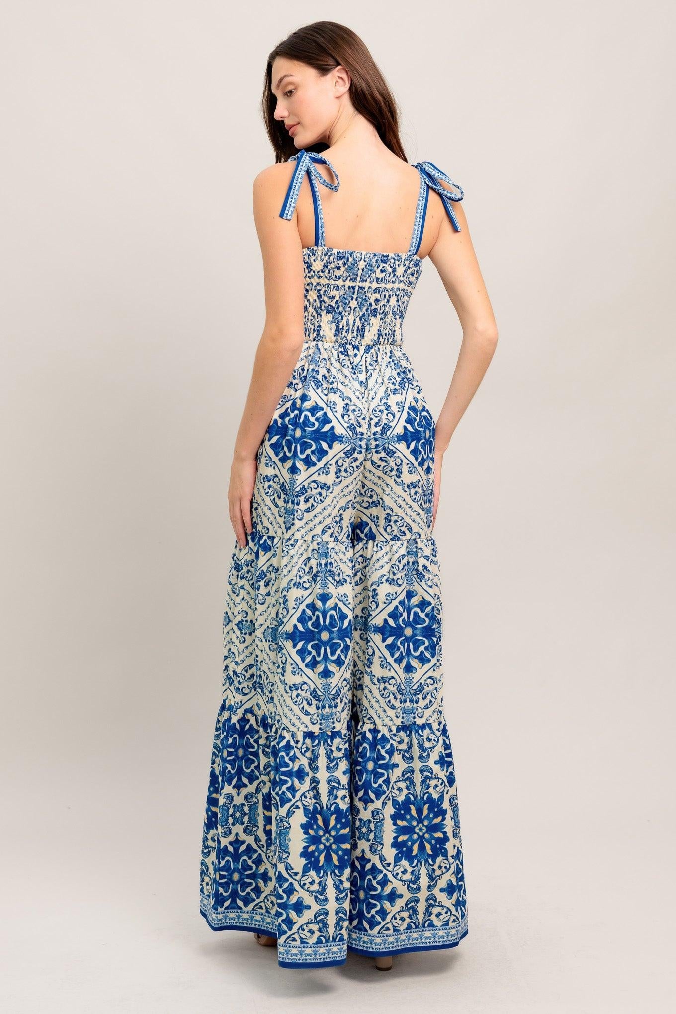 When Vacation Calls Woven Jumpsuit in blue white, view 6 — Soul Flow Apparel