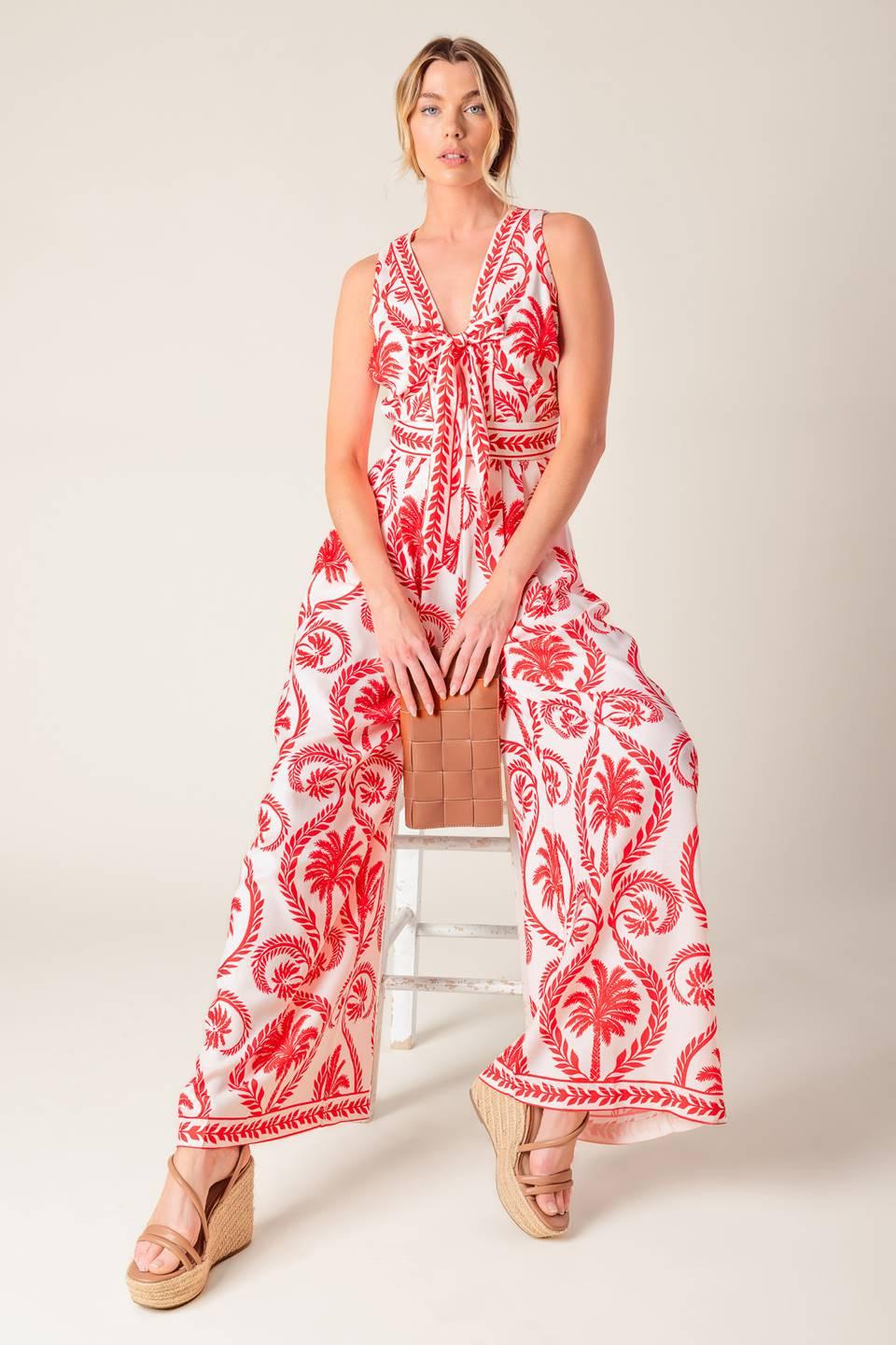 Colette Dream Red Woven Jumpsuit in ivory, view 1 — Soul Flow Apparel