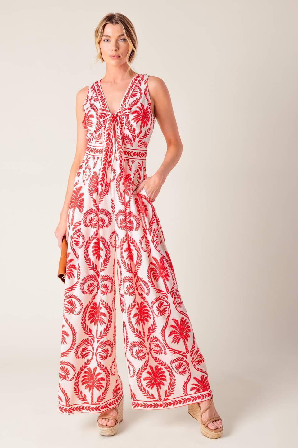 Colette Dream Red Woven Jumpsuit in ivory, view 3 — Soul Flow Apparel
