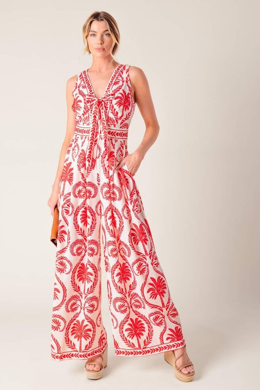 Colette Dream Red Woven Jumpsuit in ivory, view 3 — Soul Flow Apparel