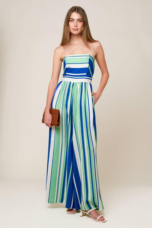 Riverside Sips Woven Jumpsuit in navy green, view 1 — Soul Flow Apparel