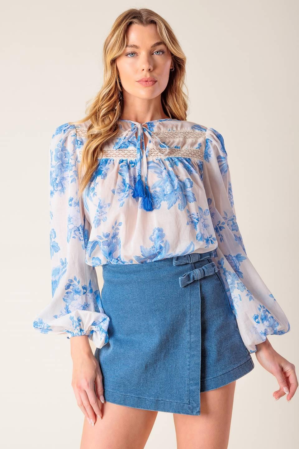 Distant Echoes Denim Skort in medium indigo, view 1 — Soul Flow Apparel