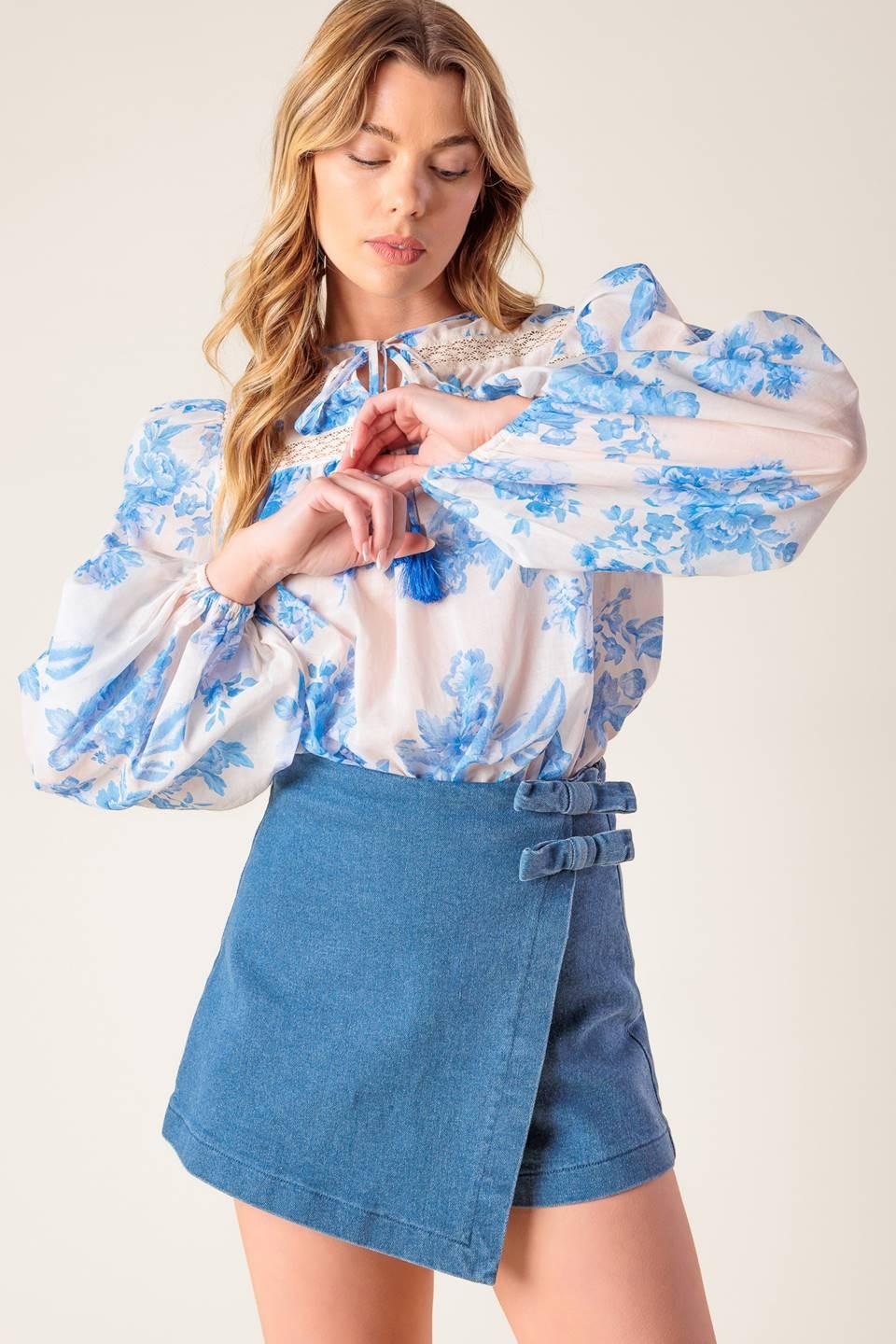 Distant Echoes Denim Skort in medium indigo, view 3 — Soul Flow Apparel