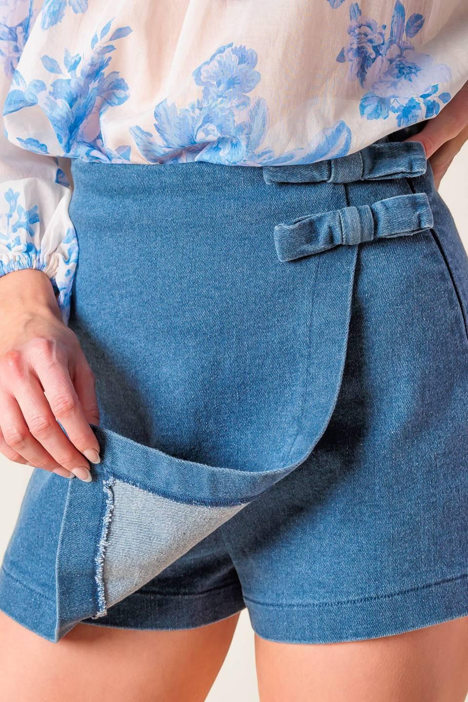 Distant Echoes Denim Skort in medium indigo, view 4 — Soul Flow Apparel