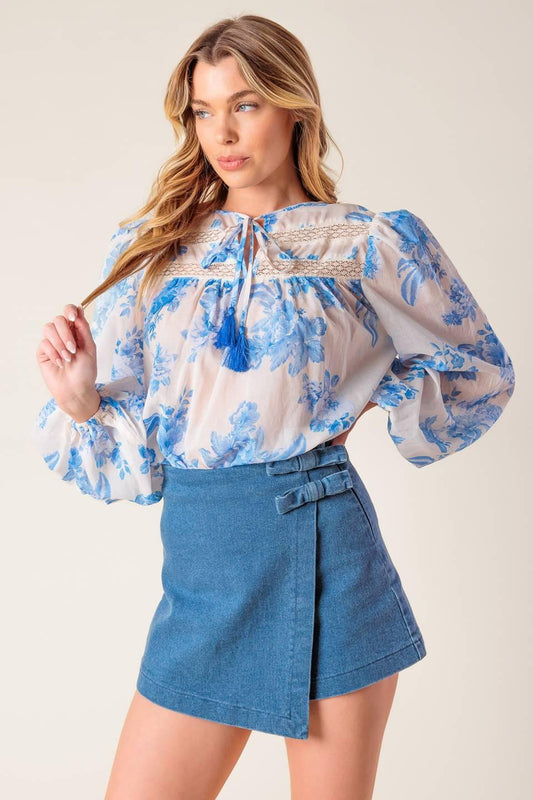 Distant Echoes Denim Skort in medium indigo, view 5 — Soul Flow Apparel