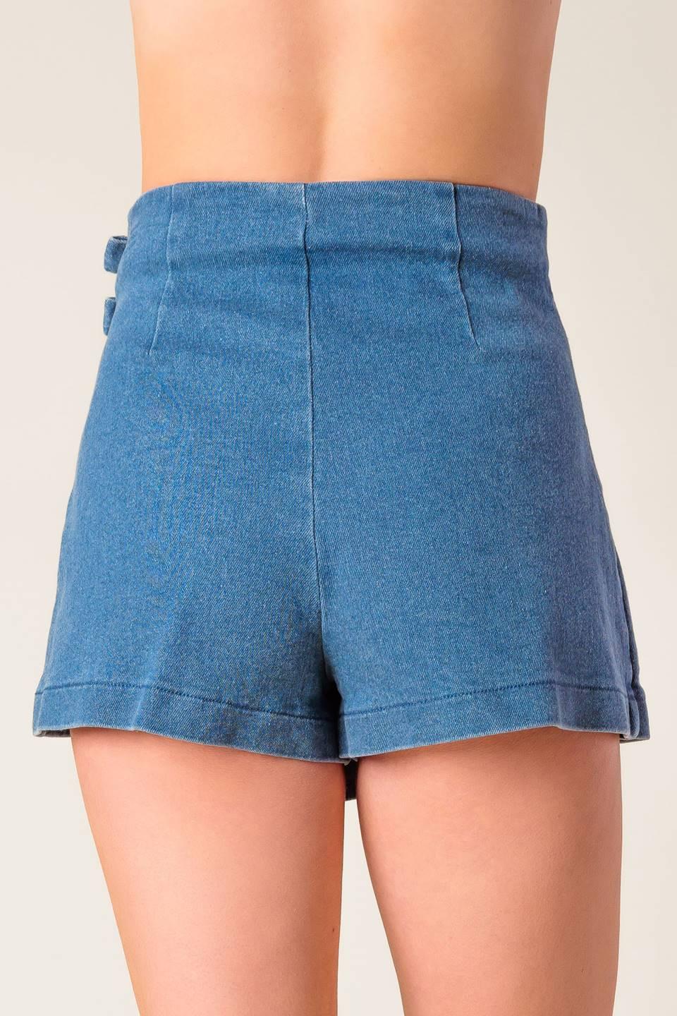 Distant Echoes Denim Skort in medium indigo, view 7 — Soul Flow Apparel