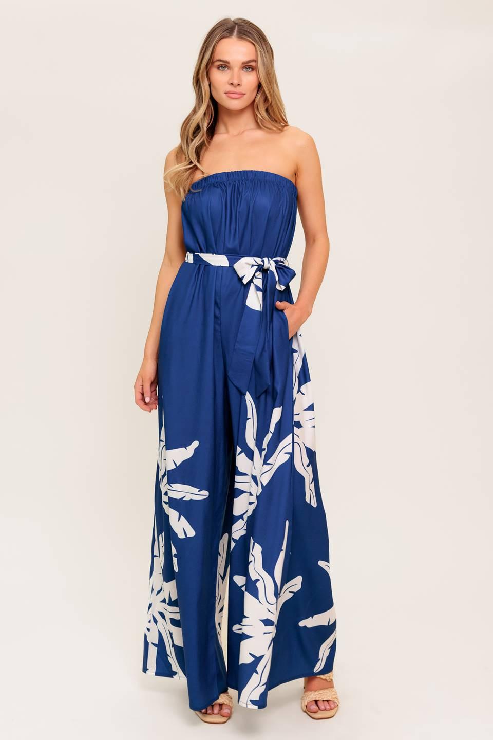 Serene Days Navy Woven Jumpsuit in white, view 1 — Soul Flow Apparel