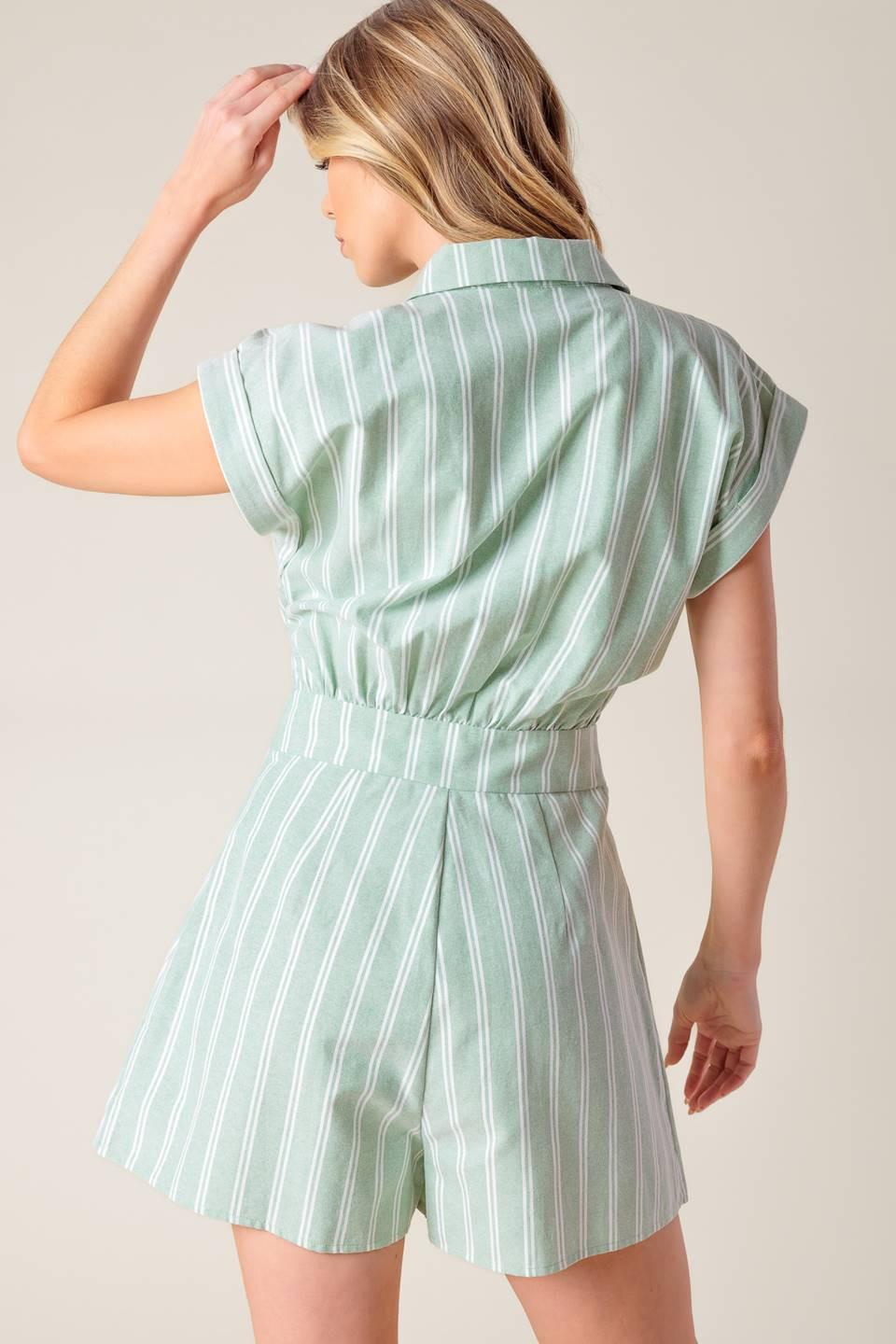 Bridget La France Woven Romper in sage, view 7 — Soul Flow Apparel