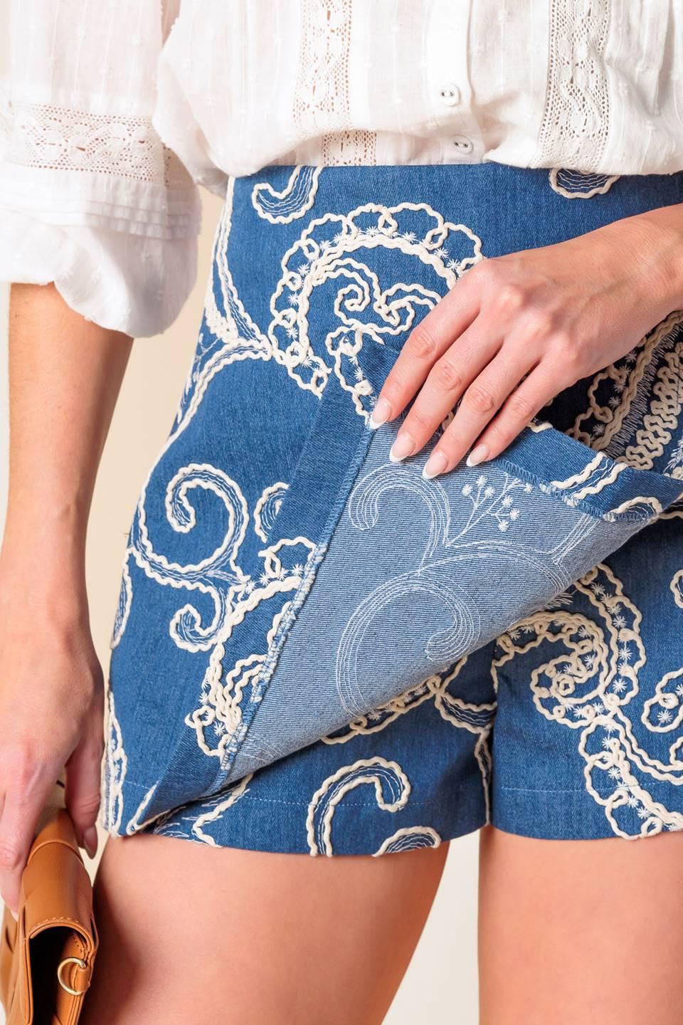 Cara La France Woven Skort in medium indigo, view 4 — Soul Flow Apparel