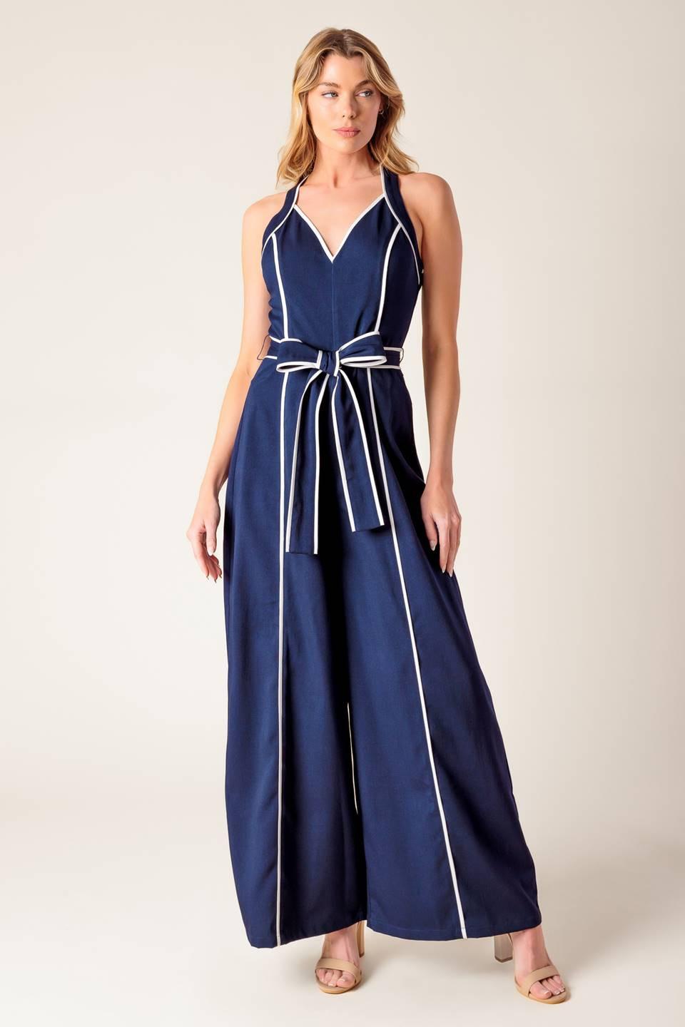Layton Navy Woven Jumpsuit in white, view 1 — Soul Flow Apparel