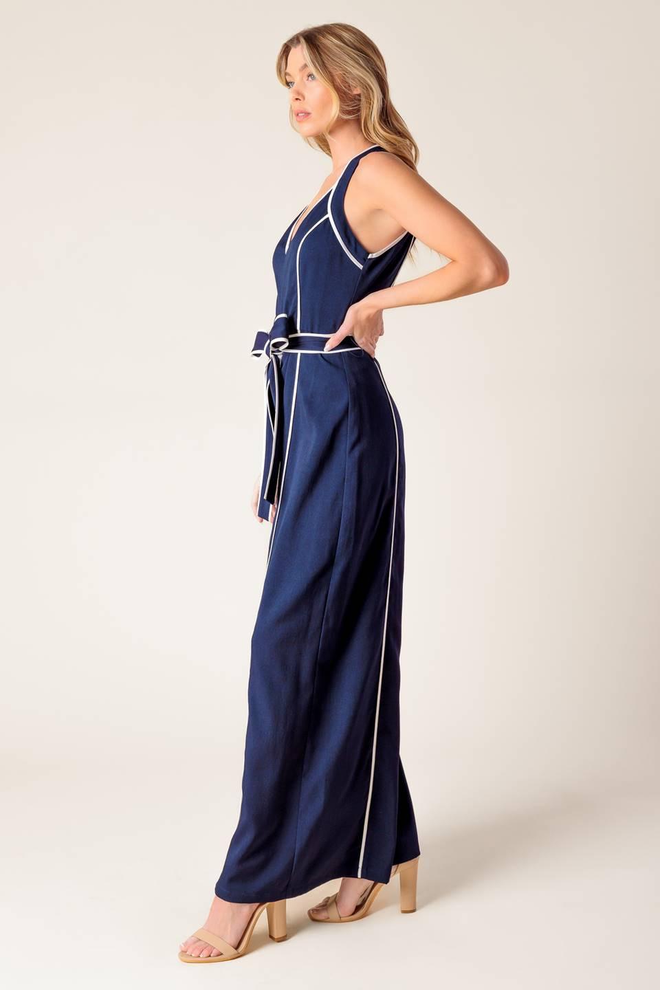 Layton Navy Woven Jumpsuit in white, view 4 — Soul Flow Apparel