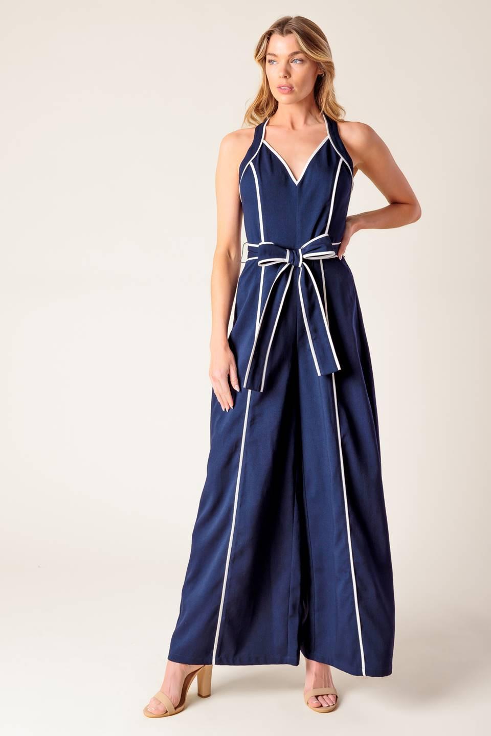 Layton Navy Woven Jumpsuit in white, view 6 — Soul Flow Apparel