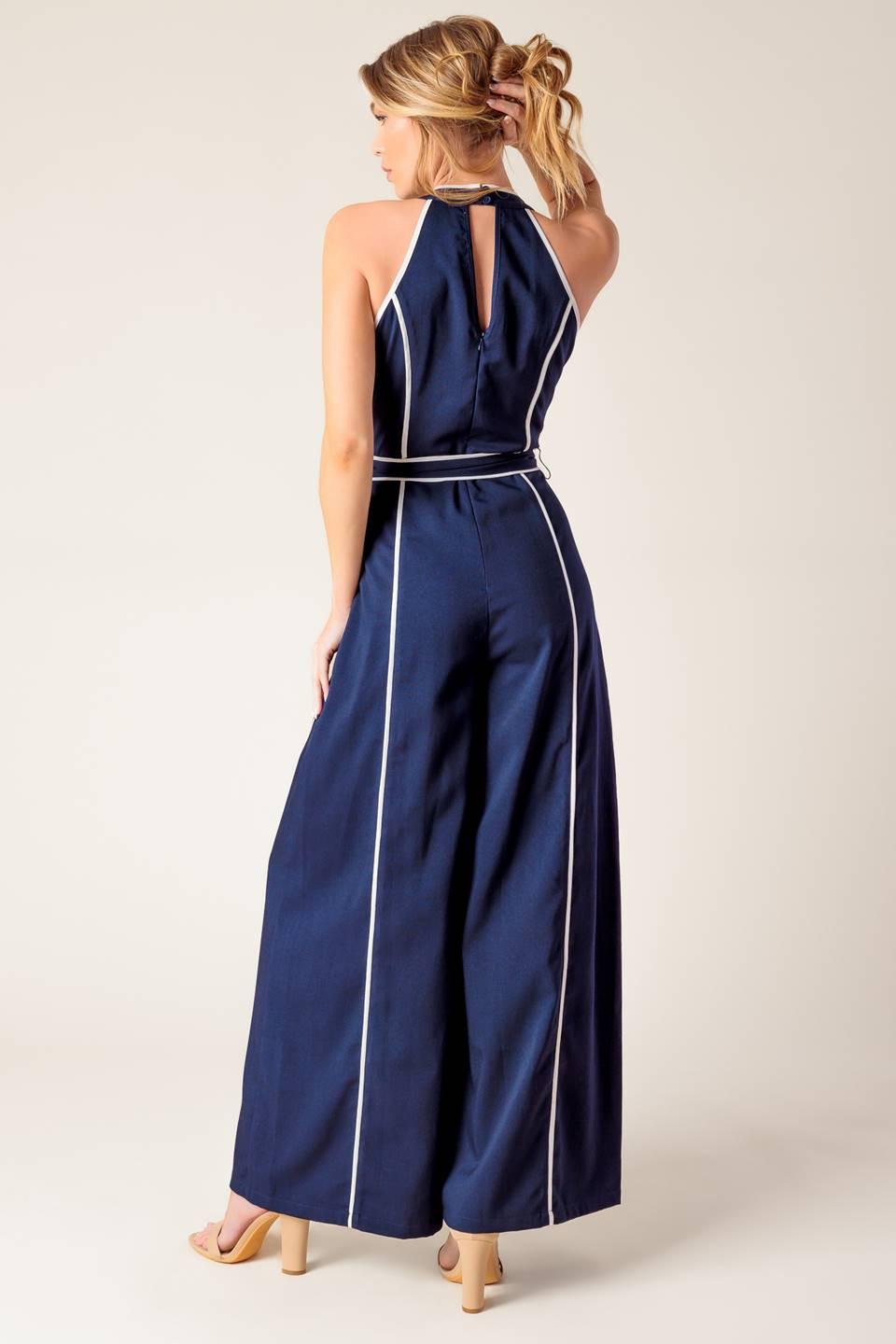 Layton Navy Woven Jumpsuit in white, view 7 — Soul Flow Apparel