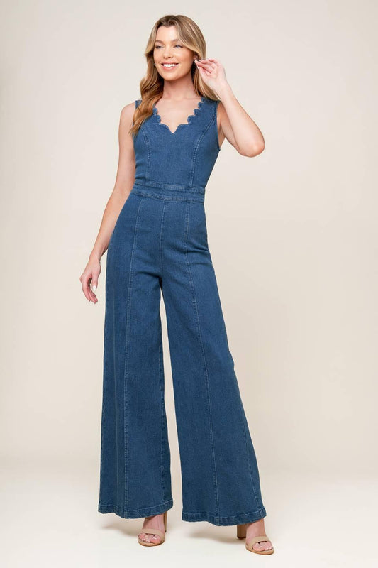 Where the Night Medium Indigo Denim Jumpsuit, view 1 — Soul Flow Apparel