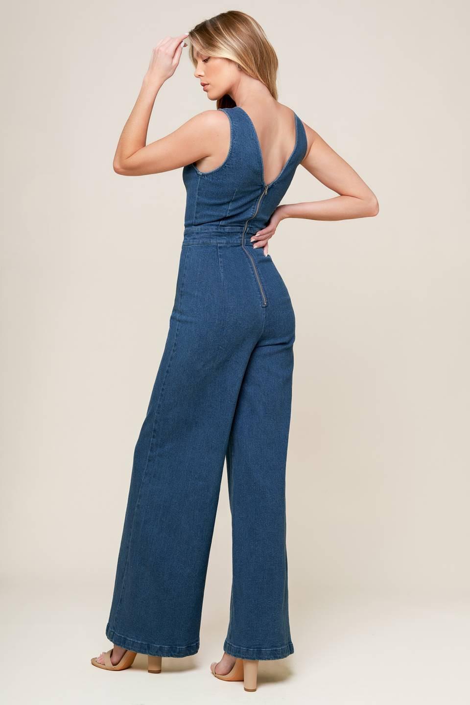 Where the Night Medium Indigo Denim Jumpsuit, view 4 — Soul Flow Apparel