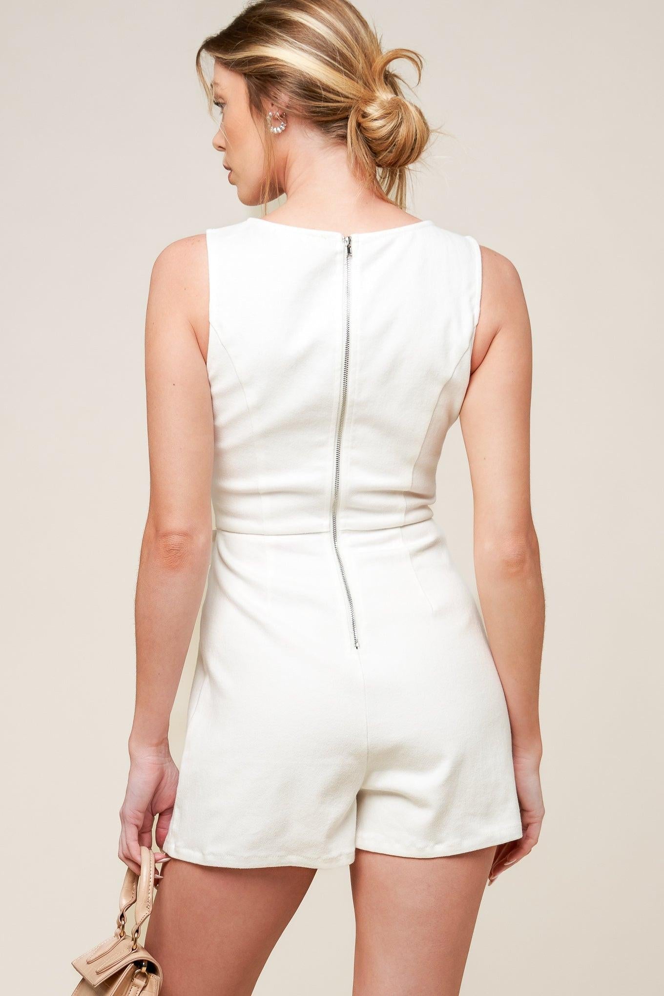 Open Minded Denim Woven Skort Romper in white, view 5 — Soul Flow Apparel