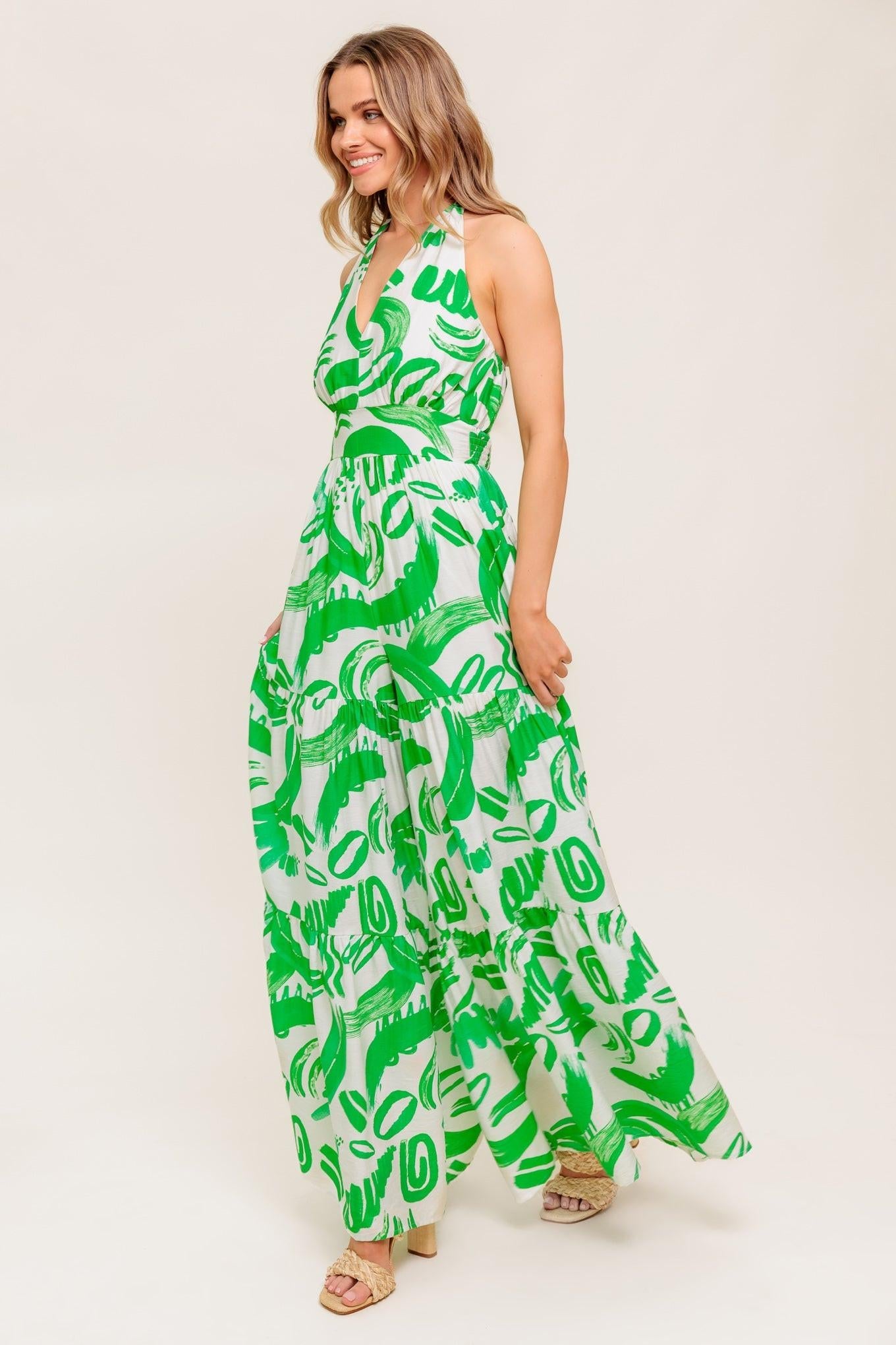 Garden Whisper Green Woven Jumpsuit in ivory, view 5 — Soul Flow Apparel