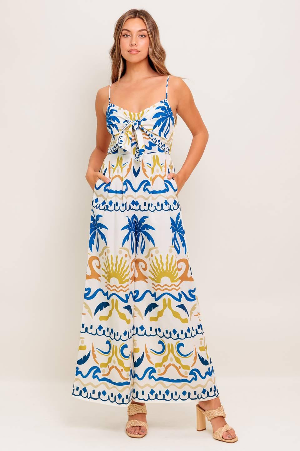Vacay Glow Ivory Blue Woven Jumpsuit, view 1 — Soul Flow Apparel