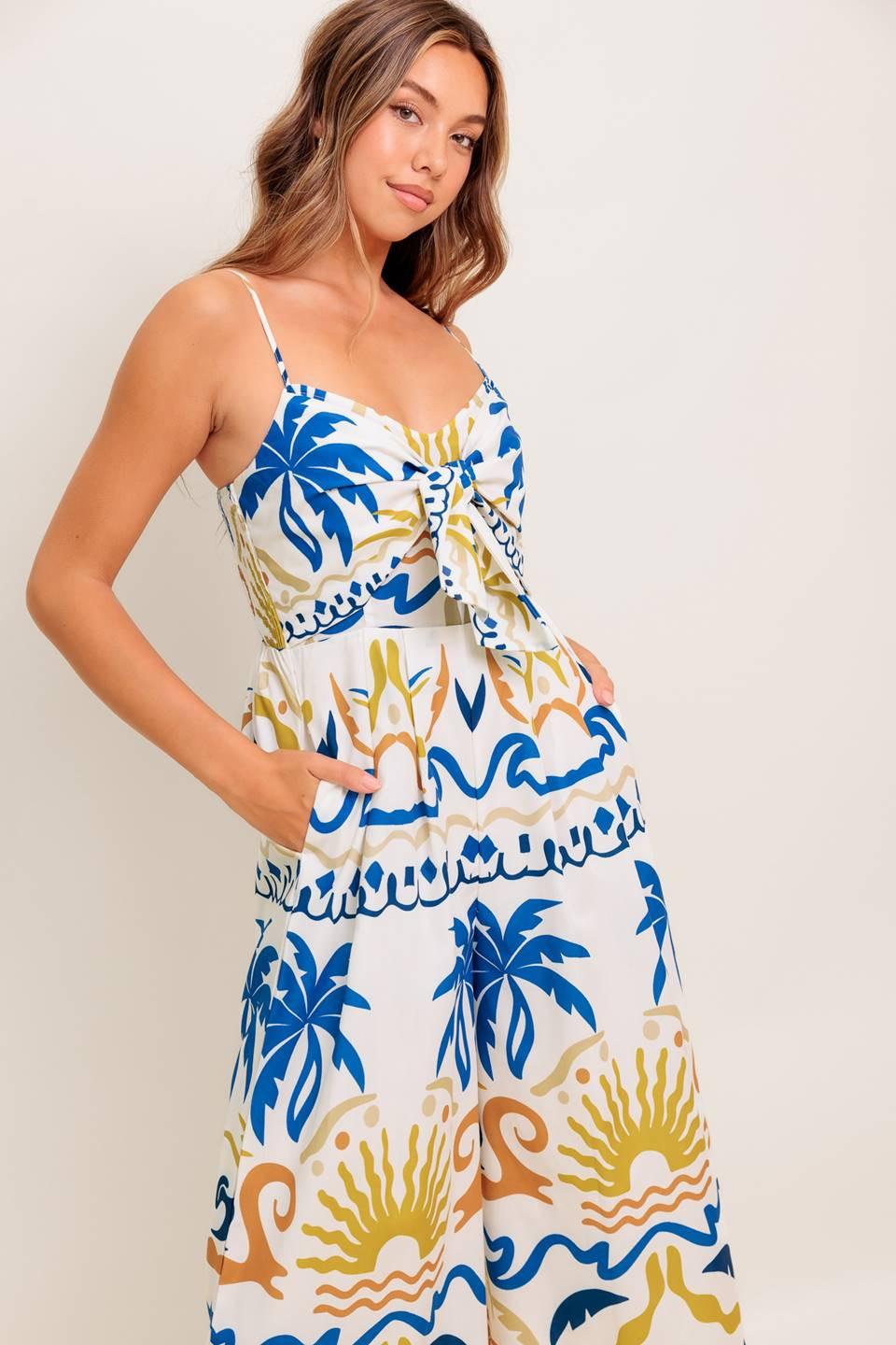 Vacay Glow Ivory Blue Woven Jumpsuit, view 4 — Soul Flow Apparel