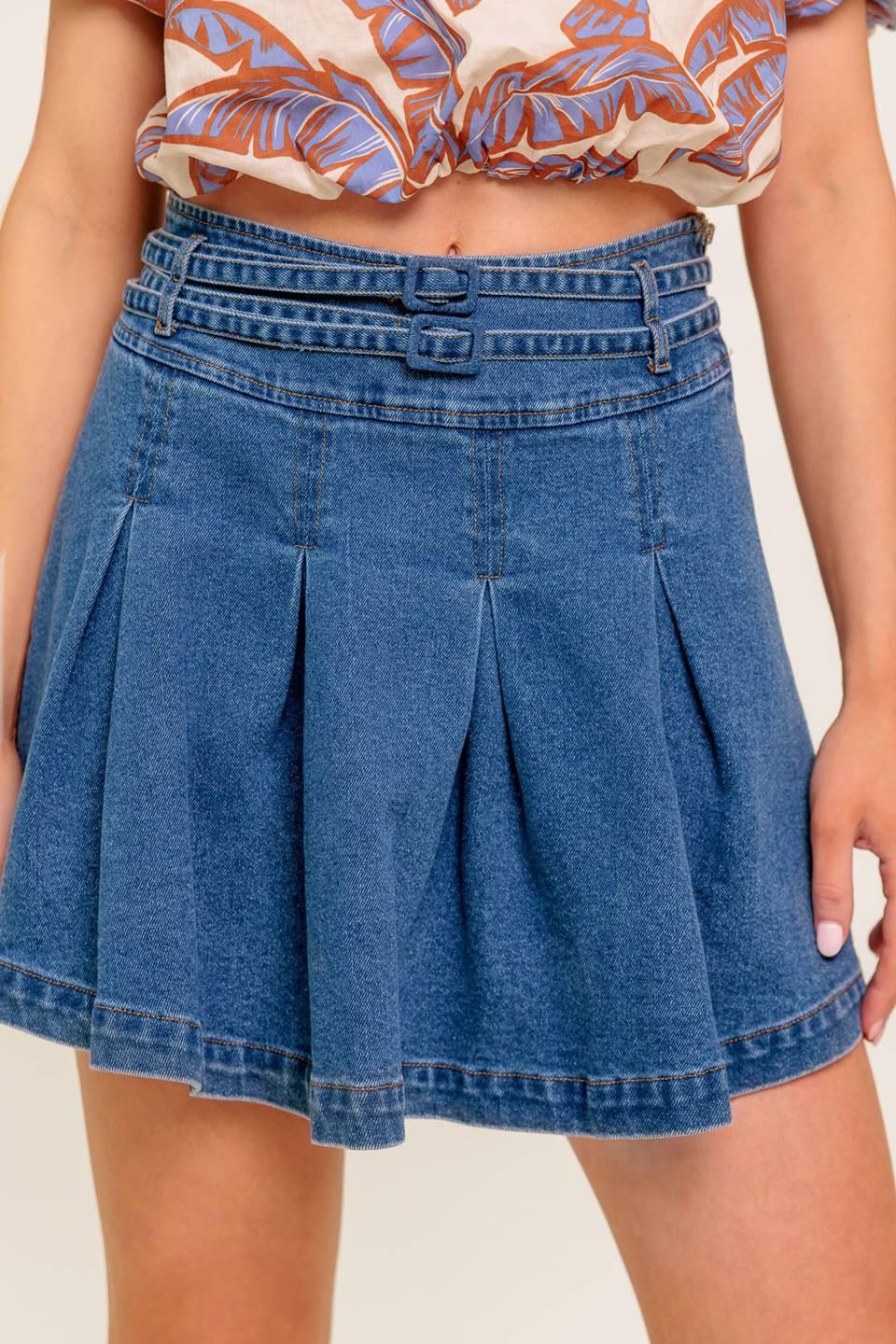 Dreammist Medium Indigo Denim Skort, view 2 — Soul Flow Apparel