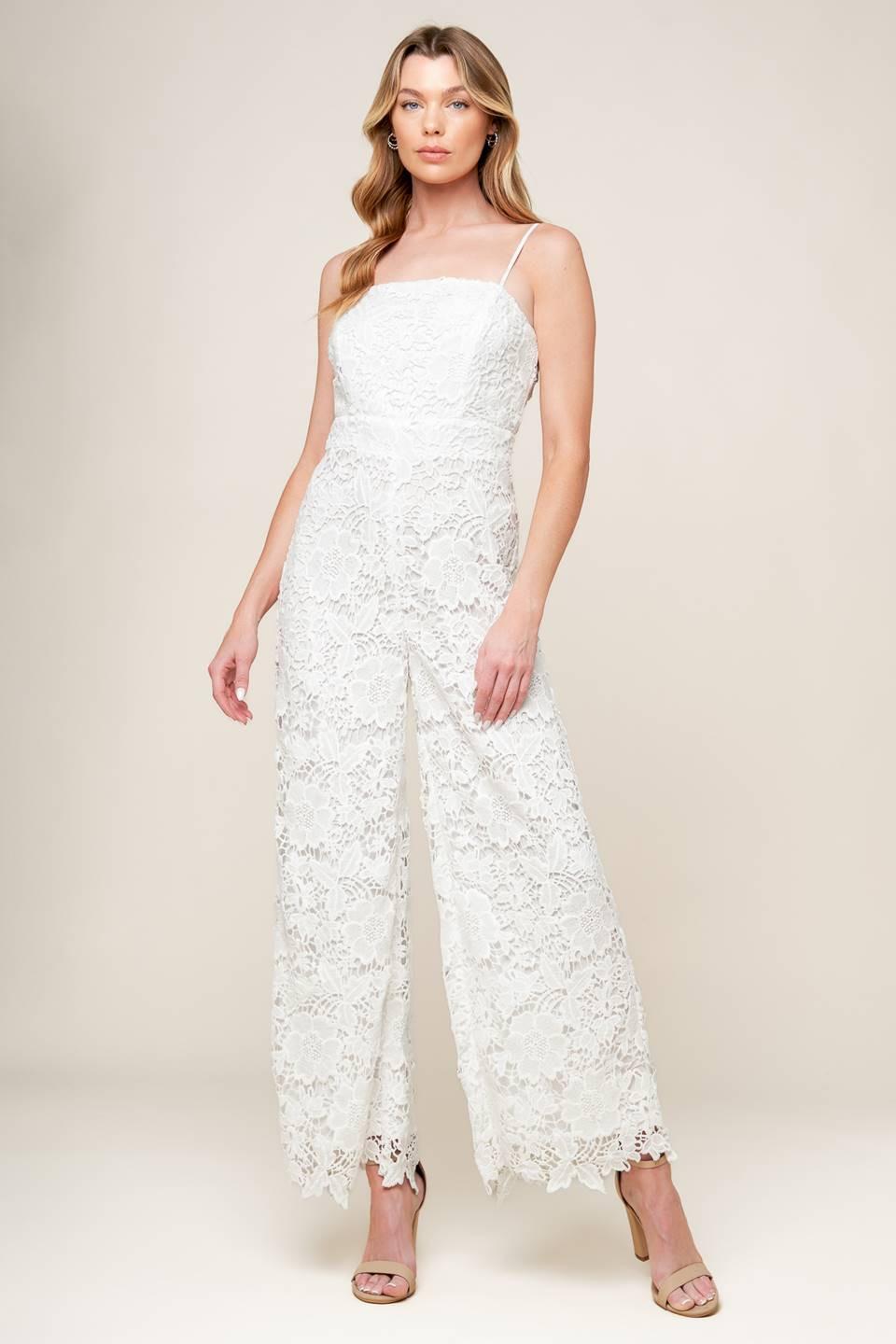 Just Enough Off White Woven Lace Jumpsuit in off-white, view 1 — Soul Flow Apparel