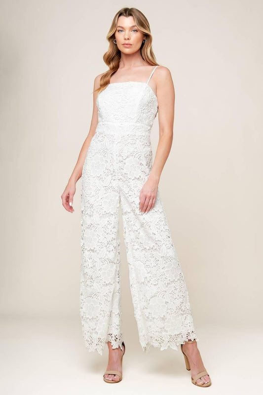 Just Enough Off White Woven Lace Jumpsuit in off-white, view 1 — Soul Flow Apparel