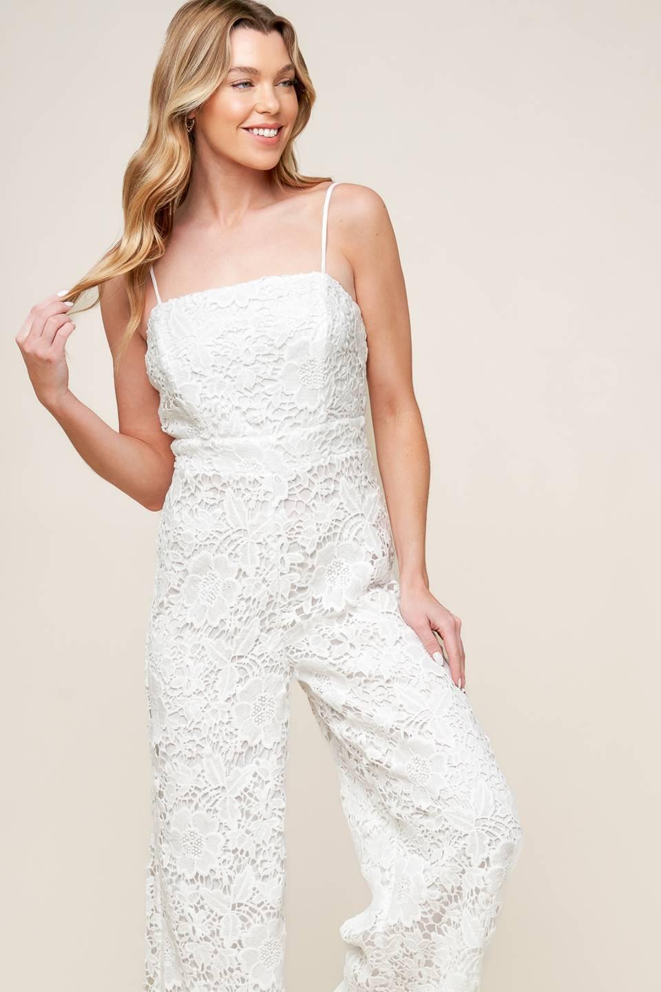 Just Enough Off White Woven Lace Jumpsuit in off-white, view 2 — Soul Flow Apparel