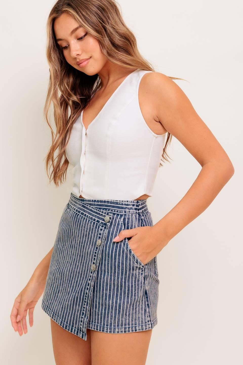 Ocean Bliss Denim Skort in blue white, view 5 — Soul Flow Apparel