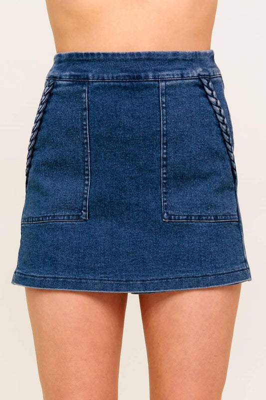Moonlight Embrace Medium Indigo Denim Skort, view 1 — Soul Flow Apparel