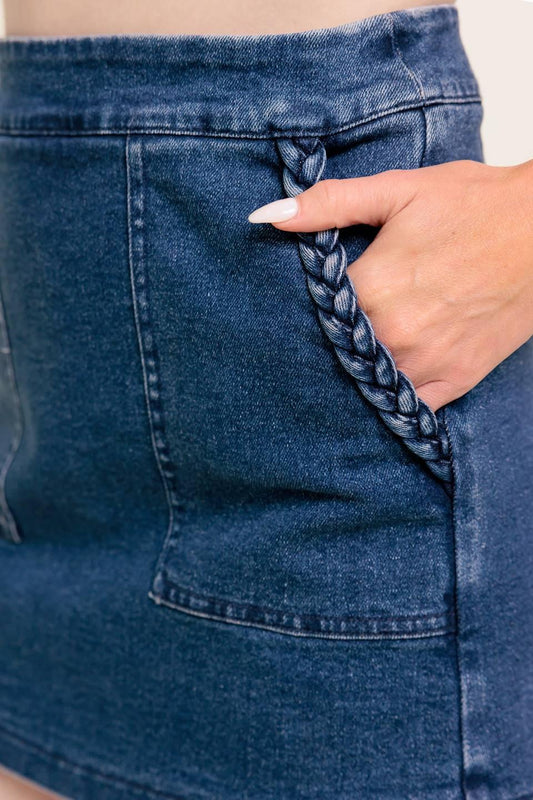 Moonlight Embrace Medium Indigo Denim Skort, view 3 — Soul Flow Apparel