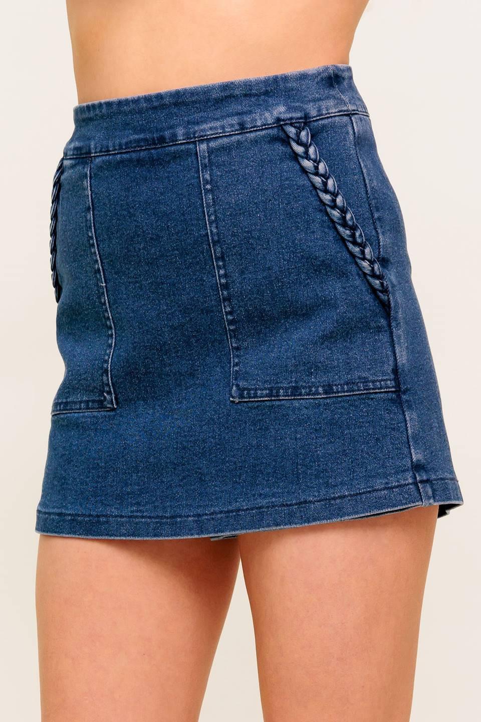 Moonlight Embrace Medium Indigo Denim Skort, view 5 — Soul Flow Apparel