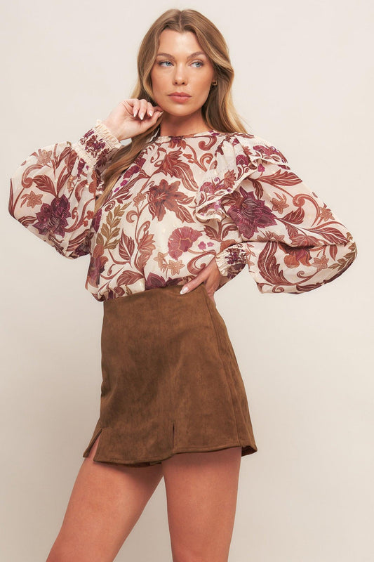 Autumn Starlet Faux Suede Skort in chestnut, view 5 — Soul Flow Apparel