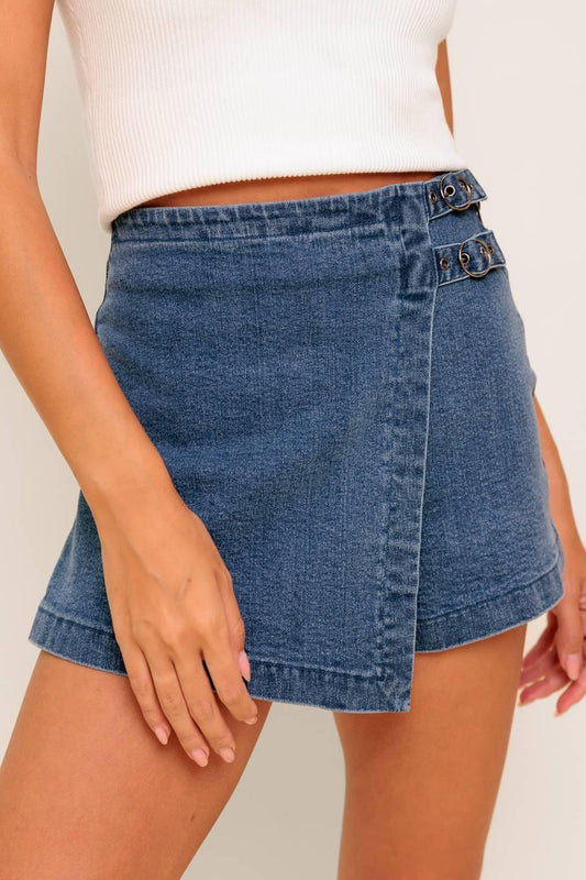 Wild Blue Mornings Denim Skort in medium indigo, view 4 — Soul Flow Apparel