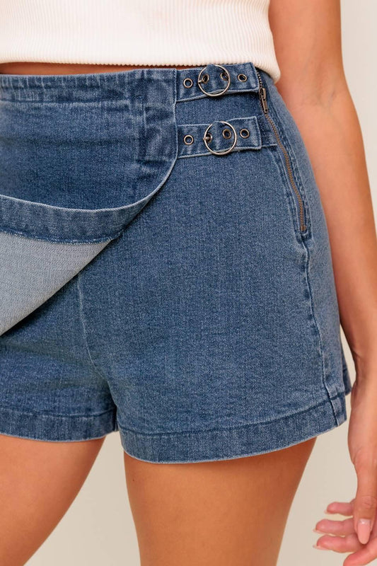 Wild Blue Mornings Denim Skort in medium indigo, view 5 — Soul Flow Apparel
