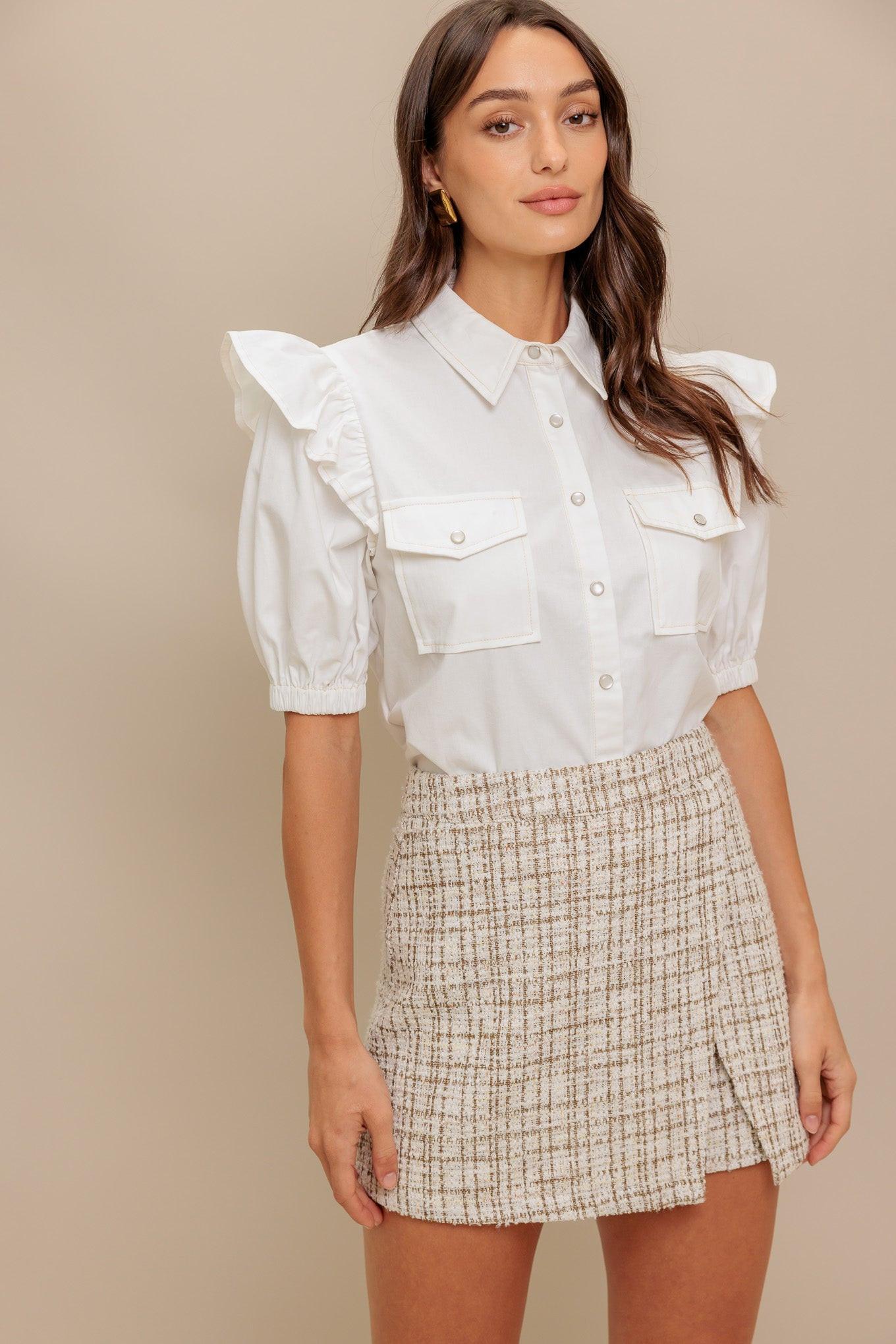 Modern Balance Woven Tweed Skort in cream, view 2 — Soul Flow Apparel