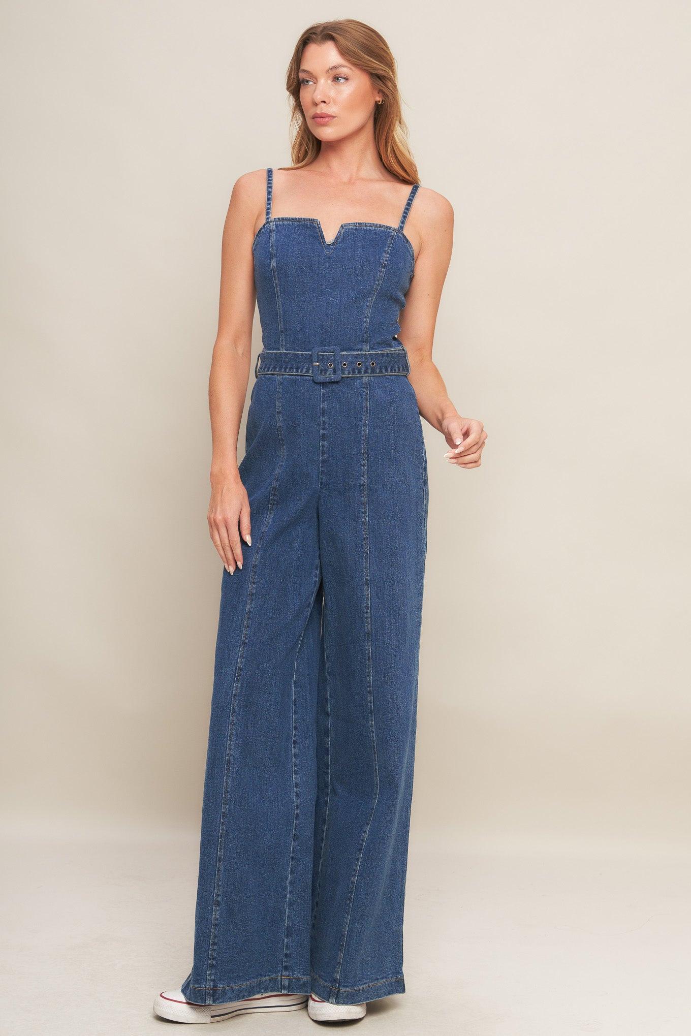 Expert Sweetness Medium Indigo Denim Jumpsuit, view 1 — Soul Flow Apparel